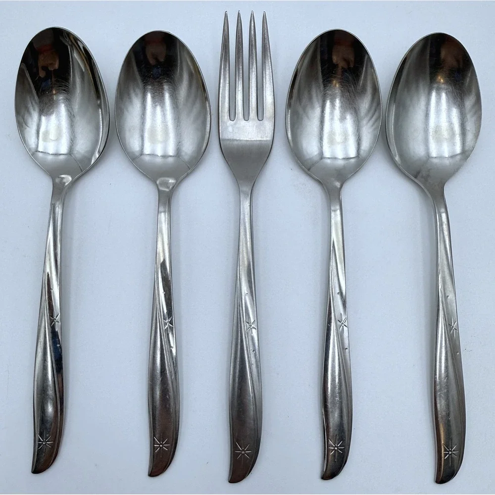 5 Oneida Community TWIN STAR‎ Flatware Pieces 4 Table Soup Spoons 1 Fork Vtg 60s